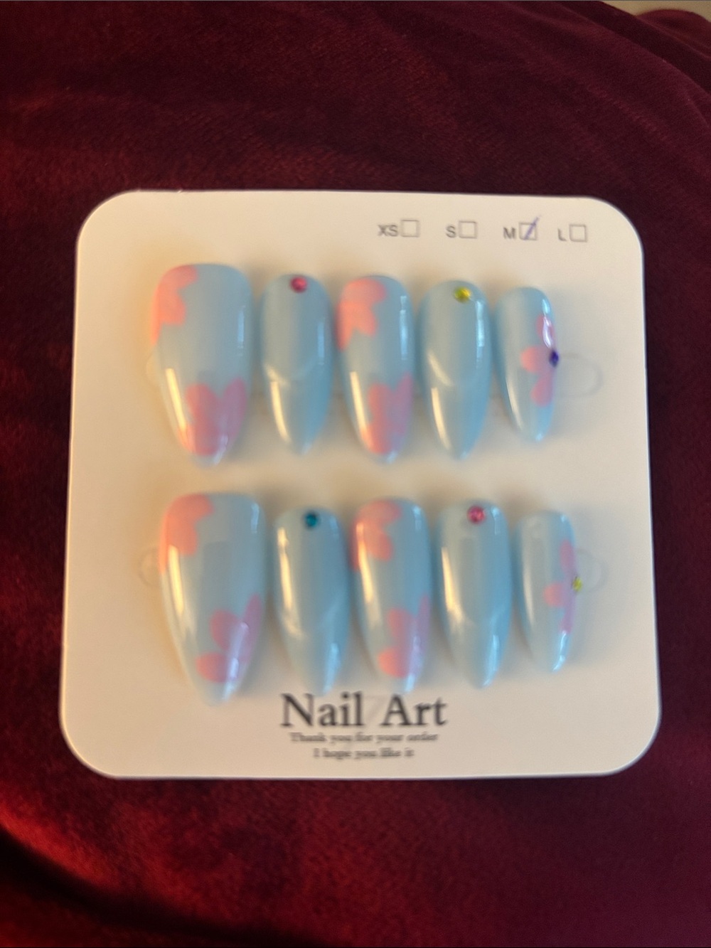 Nail Art Press-On Set in Light Blue with Pink Accents